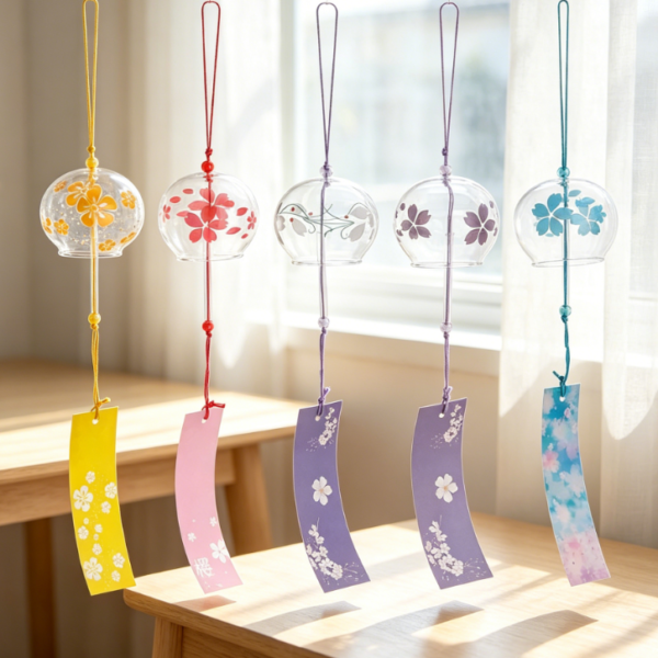 Five color Japanese style wind chimes, floral chimes, vintage style glass wind chimes, creative pendants, romantic wind chimes, home décor, housewarming gifts, 20 inches long