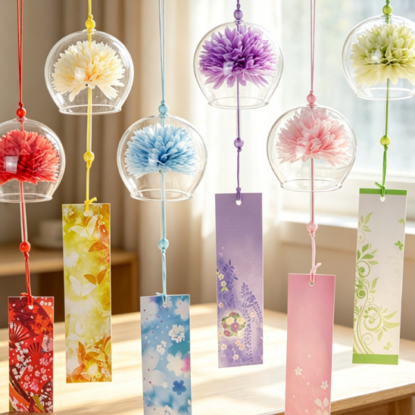 6 Piece Japanese Wind Chime Set, Handmade Bell Wind Chime Pendant with Label, Suitable for Outdoor Gardens, Patios, and Home Decor (Floral Design)