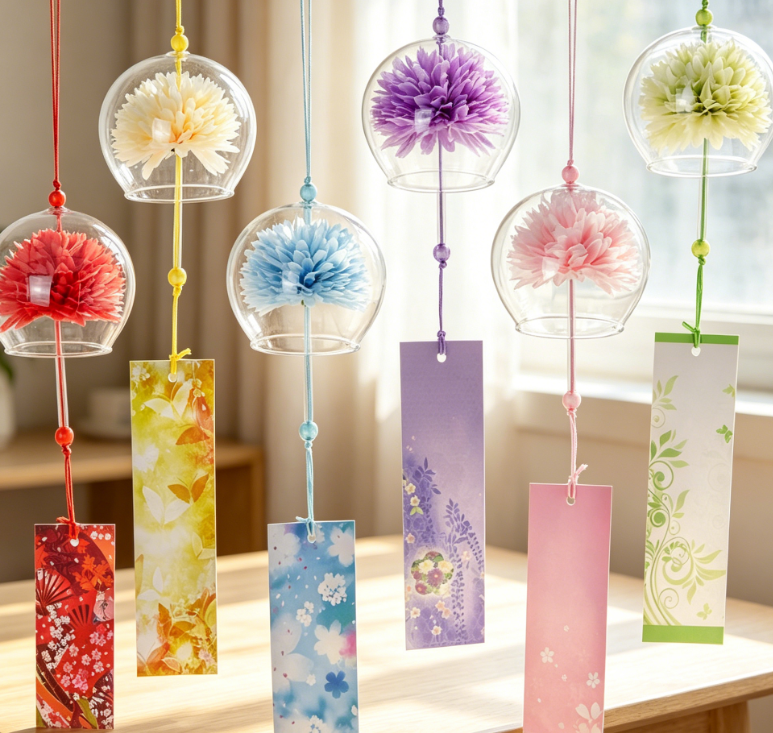 6 Piece Japanese Wind Chime Set, Handmade Bell Wind Chime Pendant with Label, Suitable for Outdoor Gardens, Patios, and Home Decor (Floral Design)