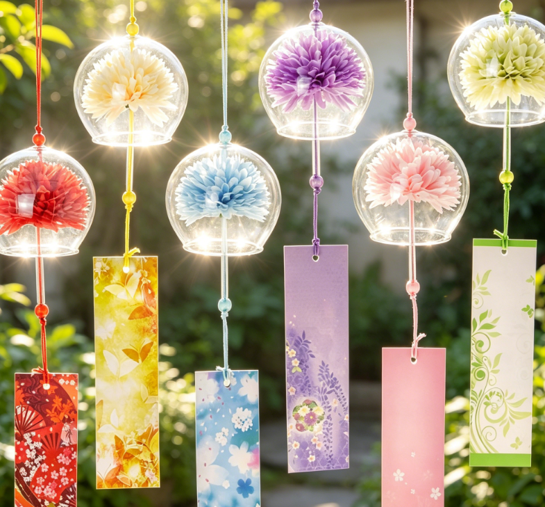 6 Piece Japanese Wind Chime Set, Handmade Bell Wind Chime Pendant with Label, Suitable for Outdoor Gardens, Patios, and Home Decor (Floral Design) Image 2