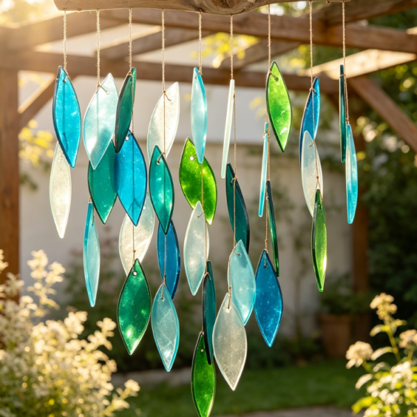 Blue Handmade Ocean Waterfall Glass and Driftwood Wind Chime, Handmade Wind Chime of Sandblasted Glass and Natural Wood