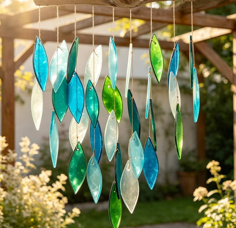 Blue Handmade Ocean Waterfall Glass and Driftwood Wind Chime, Handmade Wind Chime of Sandblasted Glass and Natural Wood