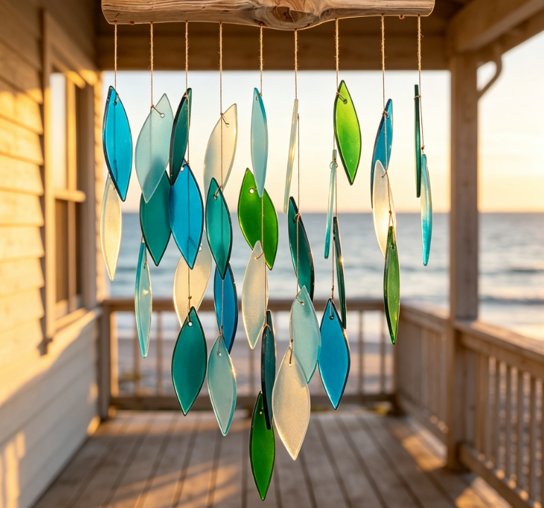 Blue Handmade Ocean Waterfall Glass and Driftwood Wind Chime, Handmade Wind Chime of Sandblasted Glass and Natural Wood Image 2