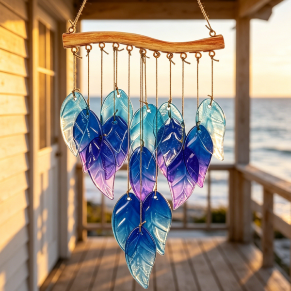 Blue Glass Leaf Wind Chime, Garden Wind Chime, Suitable for Home, Party, and Holiday Decoration, Made of Glass, Suitable for Garden, Patio, Patio, and Porch Indoor/Outdoor Decoration, Realistic Leaf Shape