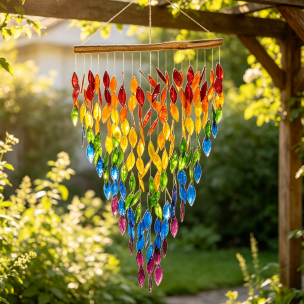 Rainbow Waterfall and Driftwood Wind Chimes, Handmade Wind Chimes of Sandblasted Glass and Natural Wood