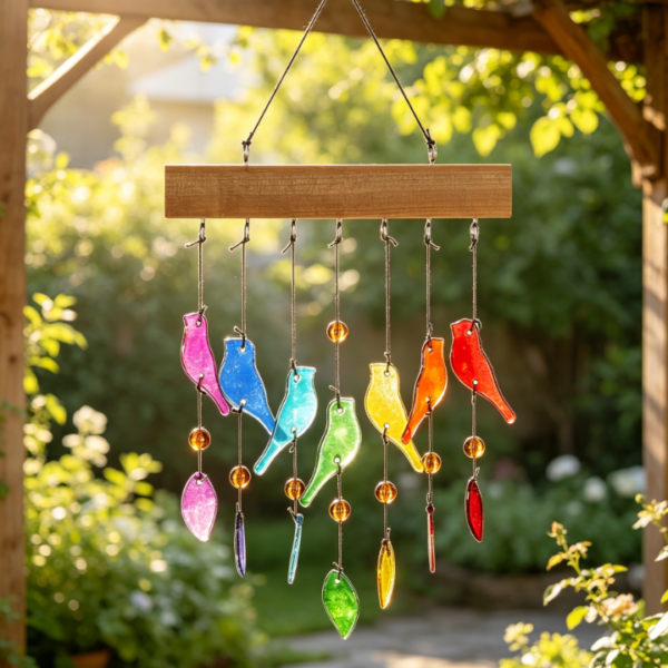 Handmade Crystal Glass and Driftwood Wind Chimes   Sandblasted Glass and Wood Handmade Wind Chimes   Bird Wind Chimes   Home, Patio, Terrace, and Garden Decoration   A Gift for Mothers   A Gift for Bird Lovers