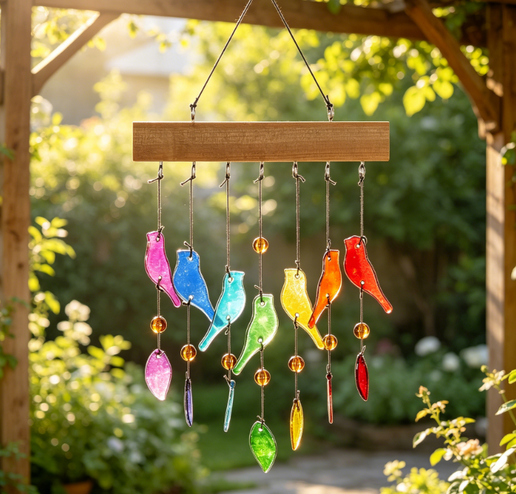 Handmade Crystal Glass and Driftwood Wind Chimes Sandblasted Glass and Wood Handmade Wind Chimes Bird Wind Chimes Home, Patio, Terrace, and Garden Decoration A Gift for Mothers A Gift for Bird Lovers
