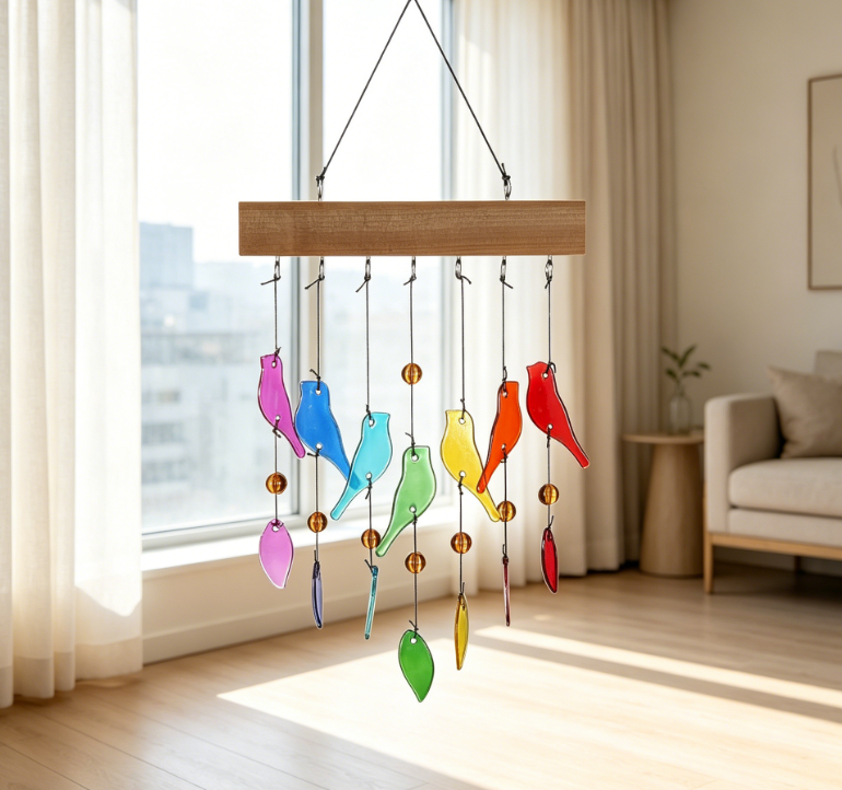 Handmade Crystal Glass and Driftwood Wind Chimes Sandblasted Glass and Wood Handmade Wind Chimes Bird Wind Chimes Home, Patio, Terrace, and Garden Decoration A Gift for Mothers A Gift for Bird Lovers Image 2