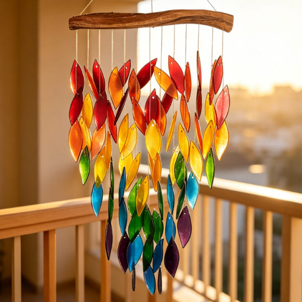 Luxury rainbow waterfall and driftwood wind chimes, handmade wind chimes of sandblasted glass and natural wood