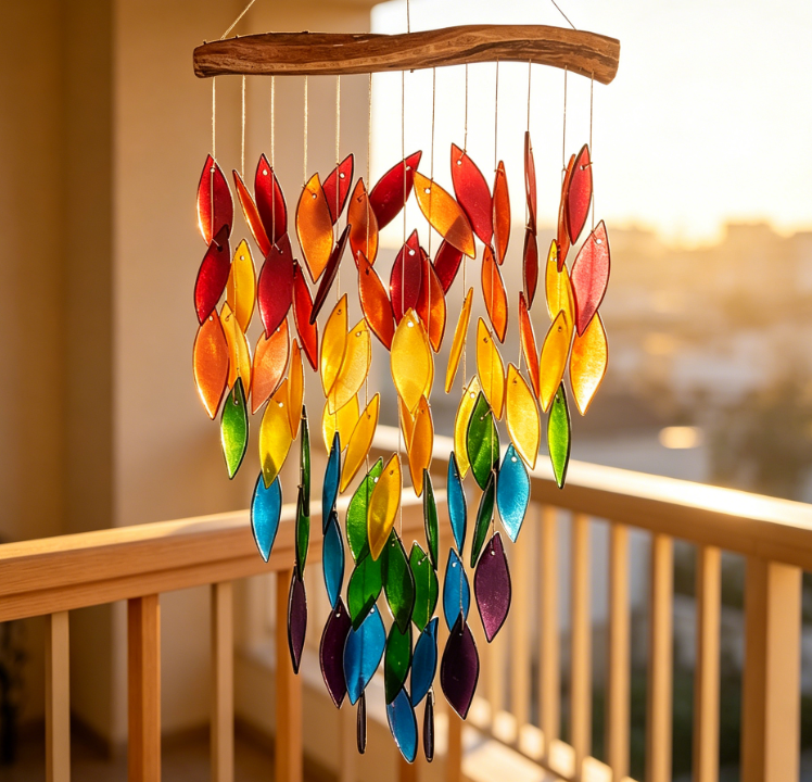 Luxury rainbow waterfall and driftwood wind chimes, handmade wind chimes of sandblasted glass and natural wood