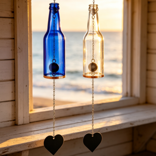 2 Piece Wine Bottle Wind Chimes   Wine Glass Bottle Shaped Wind Chimes   Indoor and Outdoor Decoration, Handmade, Sunlight Catcher, Suitable for Gardens, Porch, Home, Christmas, Weddings, Housewarming   A Whimsical Gift (Blue, White)