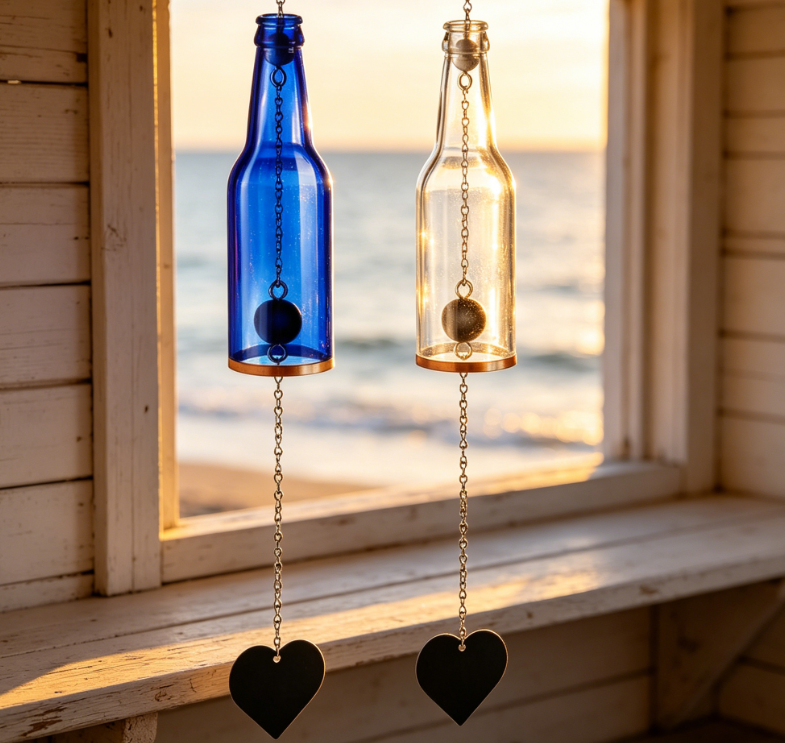 2 Piece Wine Bottle Wind Chimes Wine Glass Bottle Shaped Wind Chimes Indoor and Outdoor Decoration, Handmade, Sunlight Catcher, Suitable for Gardens, Porch, Home, Christmas, Weddings, Housewarming A Whimsical Gift (Blue, White)