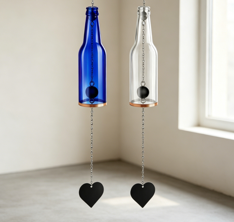 2 Piece Wine Bottle Wind Chimes Wine Glass Bottle Shaped Wind Chimes Indoor and Outdoor Decoration, Handmade, Sunlight Catcher, Suitable for Gardens, Porch, Home, Christmas, Weddings, Housewarming A Whimsical Gift (Blue, White) Image 2