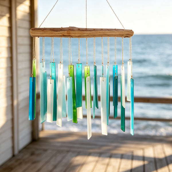 Sea glass and driftwood wind chimes   handmade wind chimes of sandblasted glass and natural wood