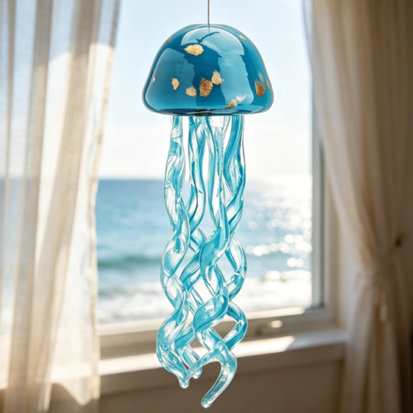 Handmade blown art glass jellyfish wind chimes, glass jellyfish hanging sun catcher wind chimes, outdoor wind chimes, sea glass blown wind chimes, beach parties, wedding decorations (light blue)