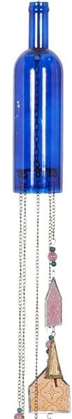 Glass Bottle Wind Chimes with Beads and Cone Bells, 3 inches x 3 inches x 41 inches, Blue