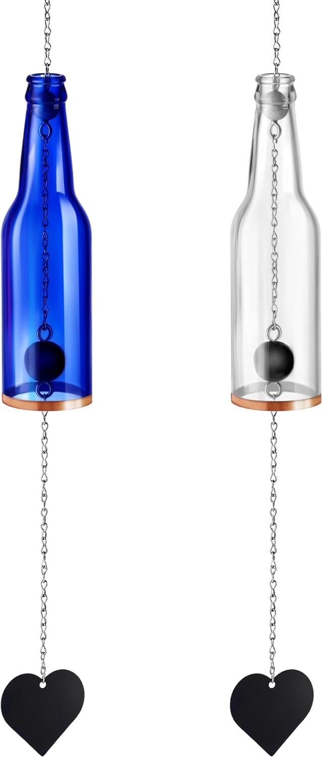 2 Piece Wine Bottle Wind Chimes Wine Glass Bottle Shaped Wind Chimes Indoor and Outdoor Decoration, Handmade, Sunlight Catcher, Suitable for Gardens, Porch, Home, Christmas, Weddings, Housewarming A Whimsical Gift (Blue, White)