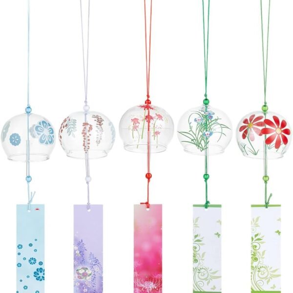 5 Piece Set of 5 Japanese Wind Chimes, Floral Theme Handmade Glass Wind Chimes, Creative Hanging Glass Wind Chimes, Suitable for Home, Garden, Wedding, Indoor and Outdoor Decorations