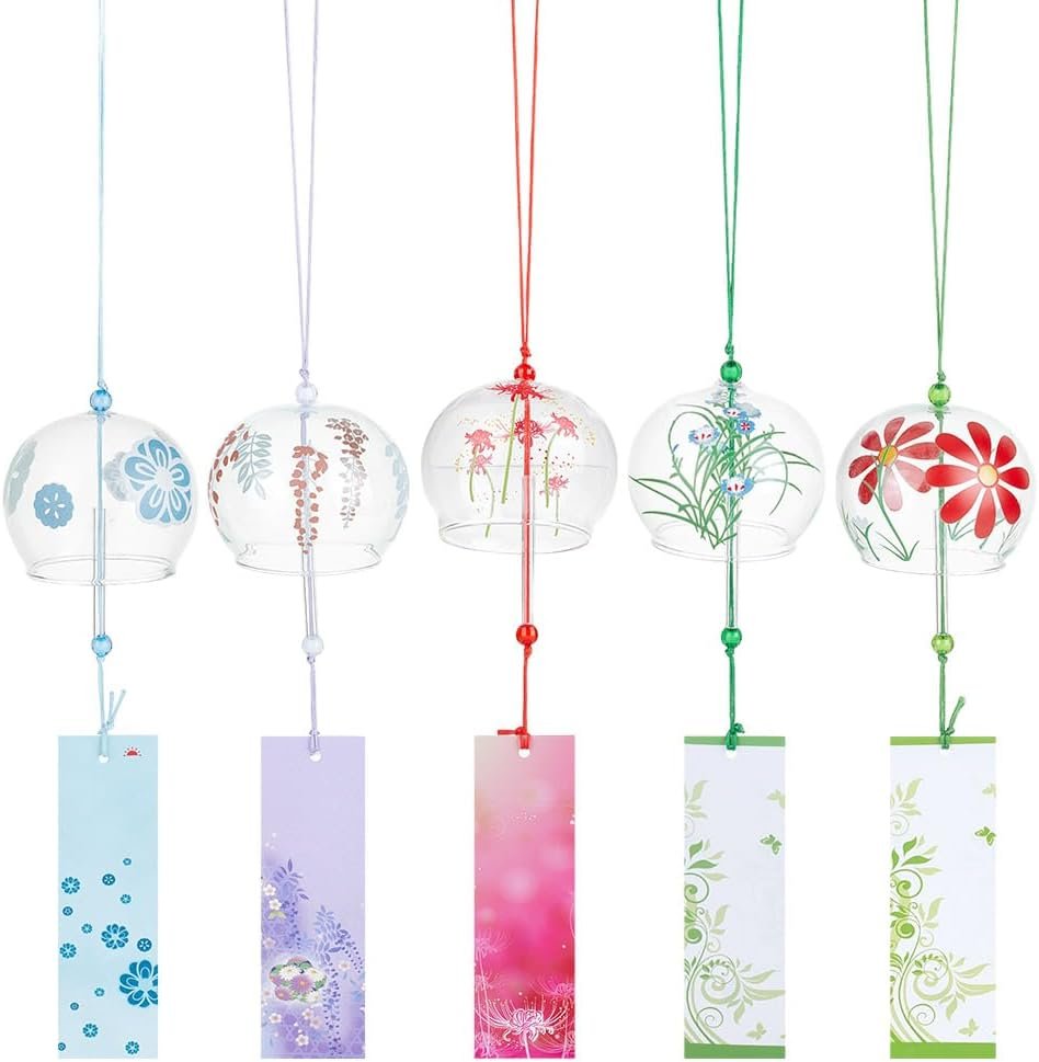 5 Piece Set of 5 Japanese Wind Chimes, Floral Theme Handmade Glass Wind Chimes, Creative Hanging Glass Wind Chimes, Suitable for Home, Garden, Wedding, Indoor and Outdoor Decorations