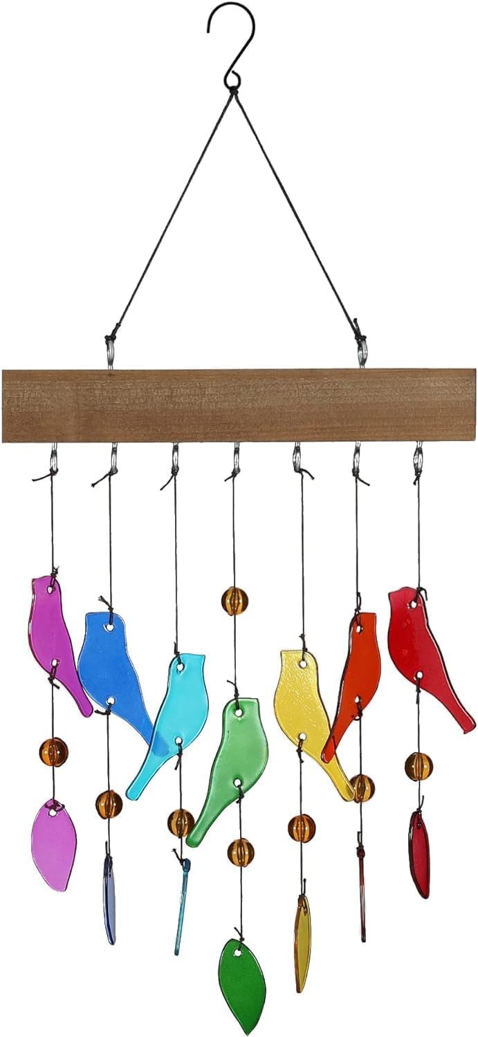 Handmade Crystal Glass and Driftwood Wind Chimes Sandblasted Glass and Wood Handmade Wind Chimes Bird Wind Chimes Home, Patio, Terrace, and Garden Decoration A Gift for Mothers A Gift for Bird Lovers