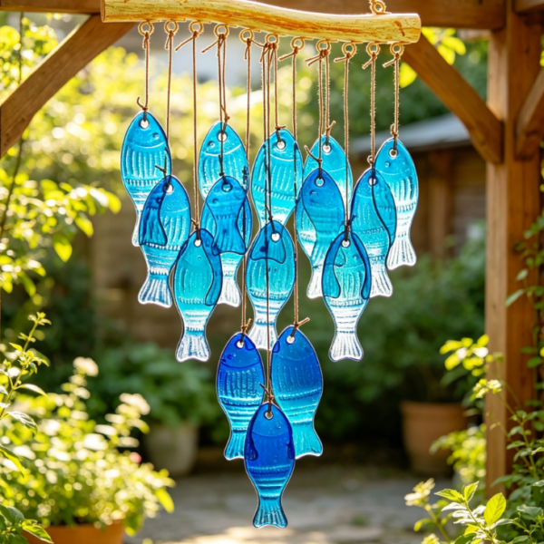 23 inch blue glass ocean wind chimes handmade fish shaped wind chimes, suitable for outdoor, beach parties and wedding decorations