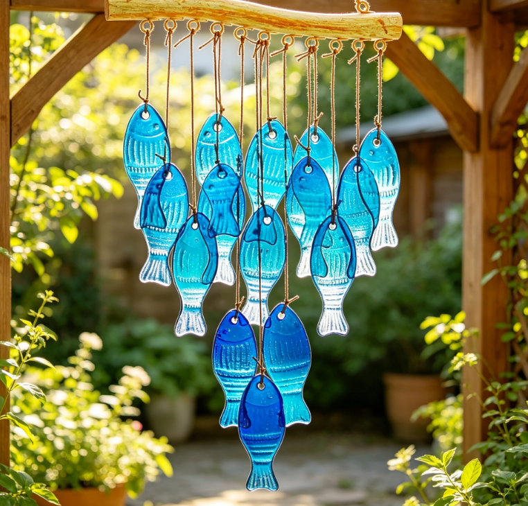 23 inch blue glass ocean wind chimes handmade fish shaped wind chimes, suitable for outdoor, beach parties and wedding decorations