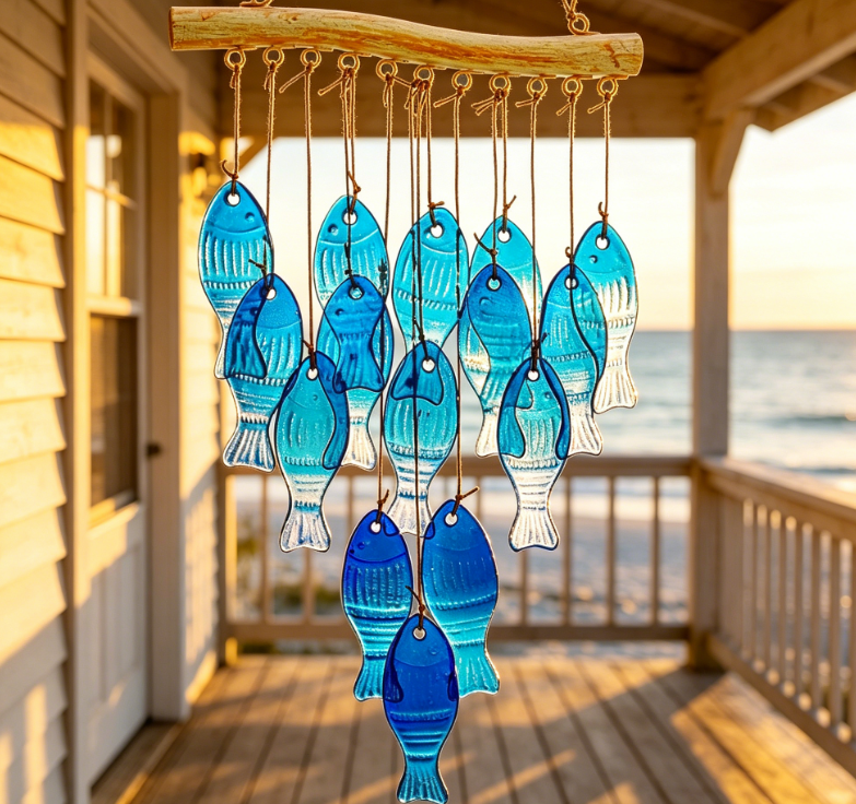 23 inch blue glass ocean wind chimes handmade fish shaped wind chimes, suitable for outdoor, beach parties and wedding decorations Image 2