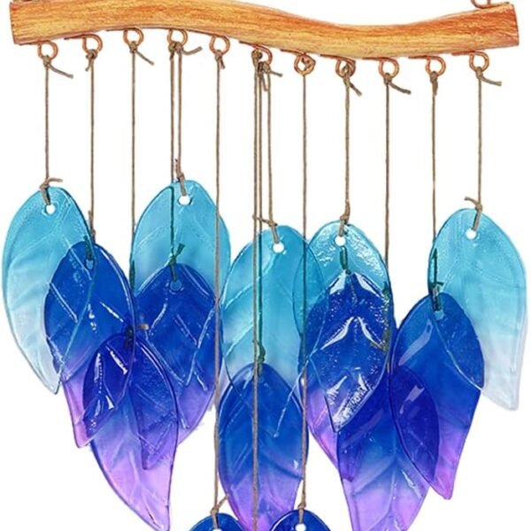 Blue Glass Leaf Wind Chime, Garden Wind Chime, Suitable for Home, Party, and Holiday Decoration, Made of Glass, Suitable for Garden, Patio, Patio, and Porch Indoor/Outdoor Decoration, Realistic Leaf Shape