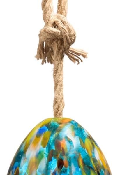 Wind Chimes, Hand blown Hanging Art Glass Bells with Jute Cord and Wooden Bells, 20 inches long, Aquamarine