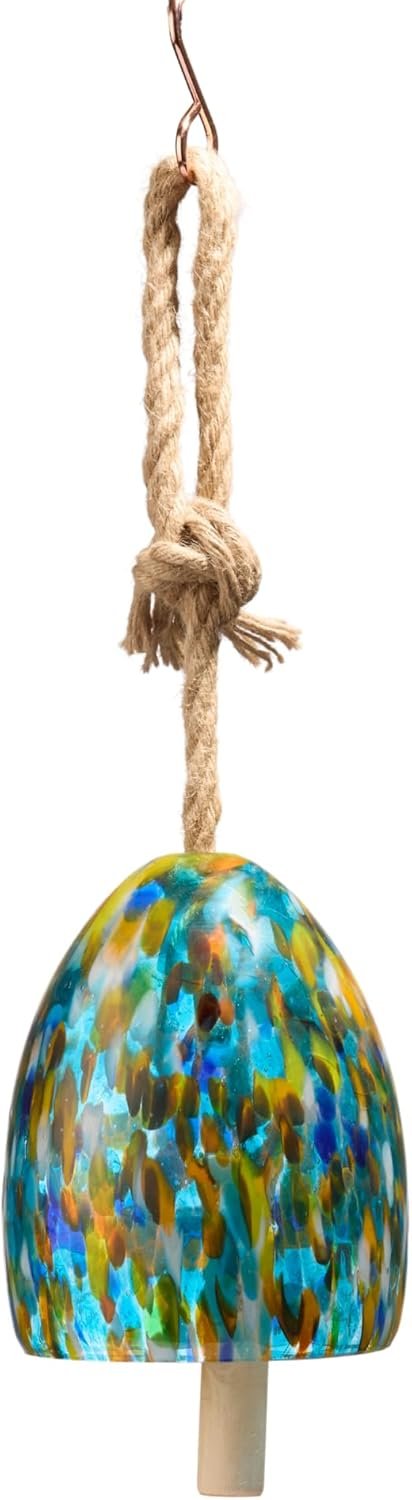 Wind Chimes, Hand blown Hanging Art Glass Bells with Jute Cord and Wooden Bells, 20 inches long, Aquamarine