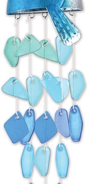 Sunset Vision Design Wind Chimes Powder Coated Metal and Sea Glass Fish Shaped Wind Chimes, 27 13 inch long, blue