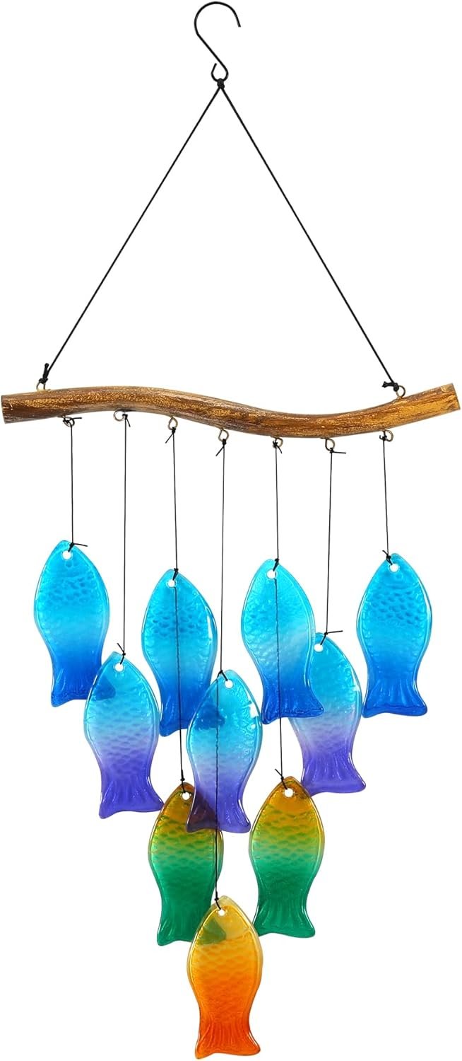 Glass Wind Chimes, Starfish Coast Theme, Melodious Outdoor Wind Chimes, Patio and Garden Hanging Decorations (Small Fish)