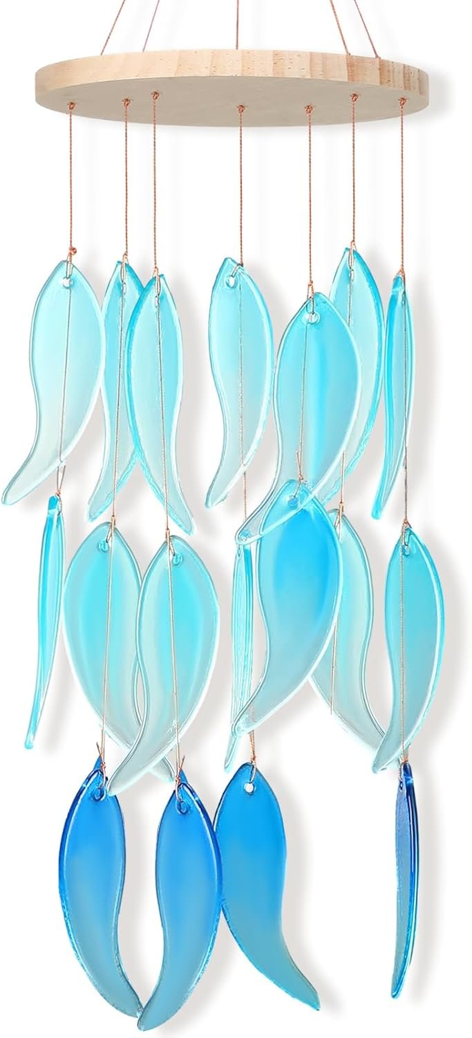Sea Glass Wind Chimes, Blue Fish Shell Wind Chimes, 26 inch Ocean Beach Theme Wind Chimes, Sea Glass Decorative Gifts, Suitable for Beaches, Holiday Parties, Weddings, Outdoor Terraces, Gardens, and Porch Decorations