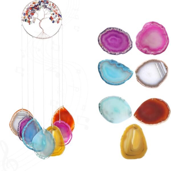 Tree of Life Agate Slice Commemorative Wind Chime, Seven Chakra Natural Crystal Wind Chime, suitable for home and garden decoration, 15 7 17 7 inches