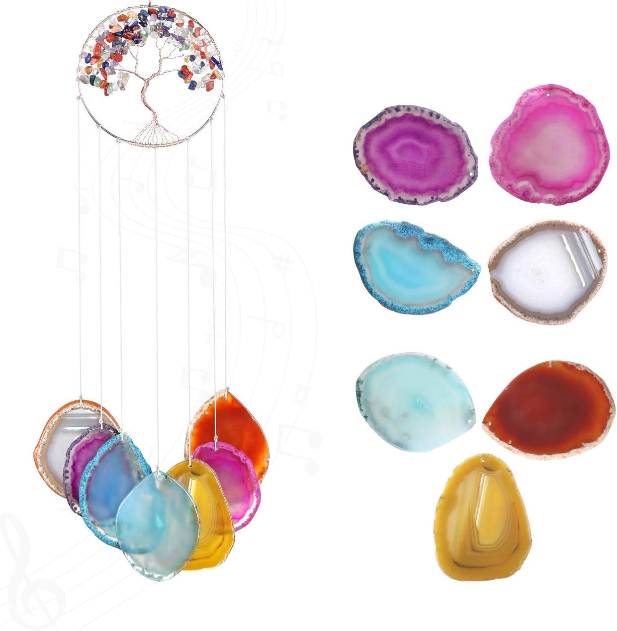 Tree of Life Agate Slice Commemorative Wind Chime, Seven Chakra Natural Crystal Wind Chime, suitable for home and garden decoration, 15 7 17 7 inches