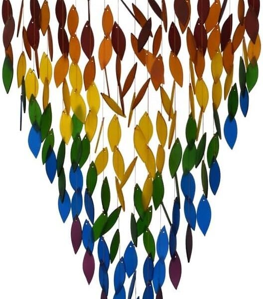 Rainbow Waterfall and Driftwood Wind Chimes, Handmade Wind Chimes of Sandblasted Glass and Natural Wood