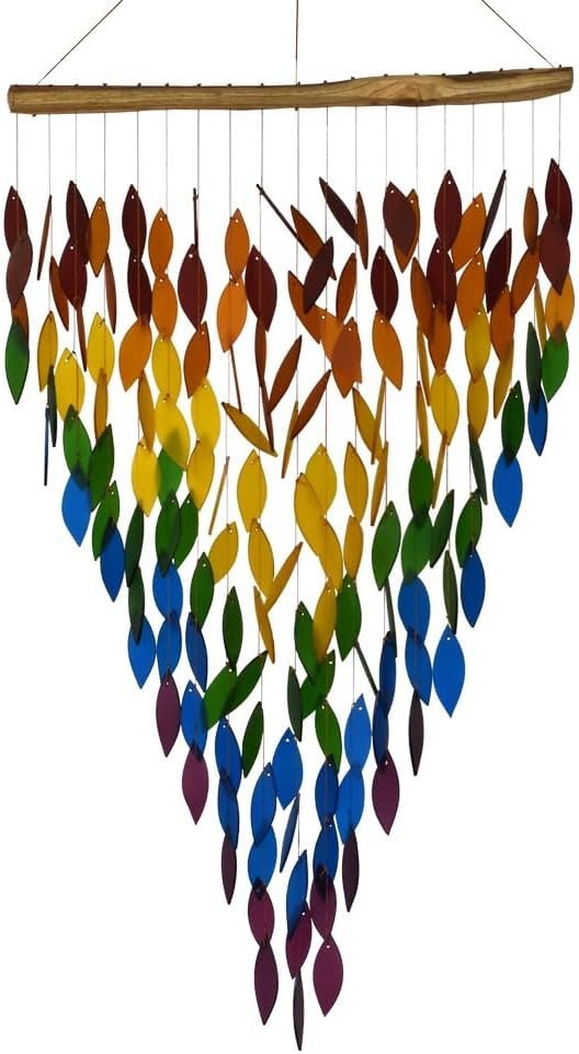 Rainbow Waterfall and Driftwood Wind Chimes, Handmade Wind Chimes of Sandblasted Glass and Natural Wood