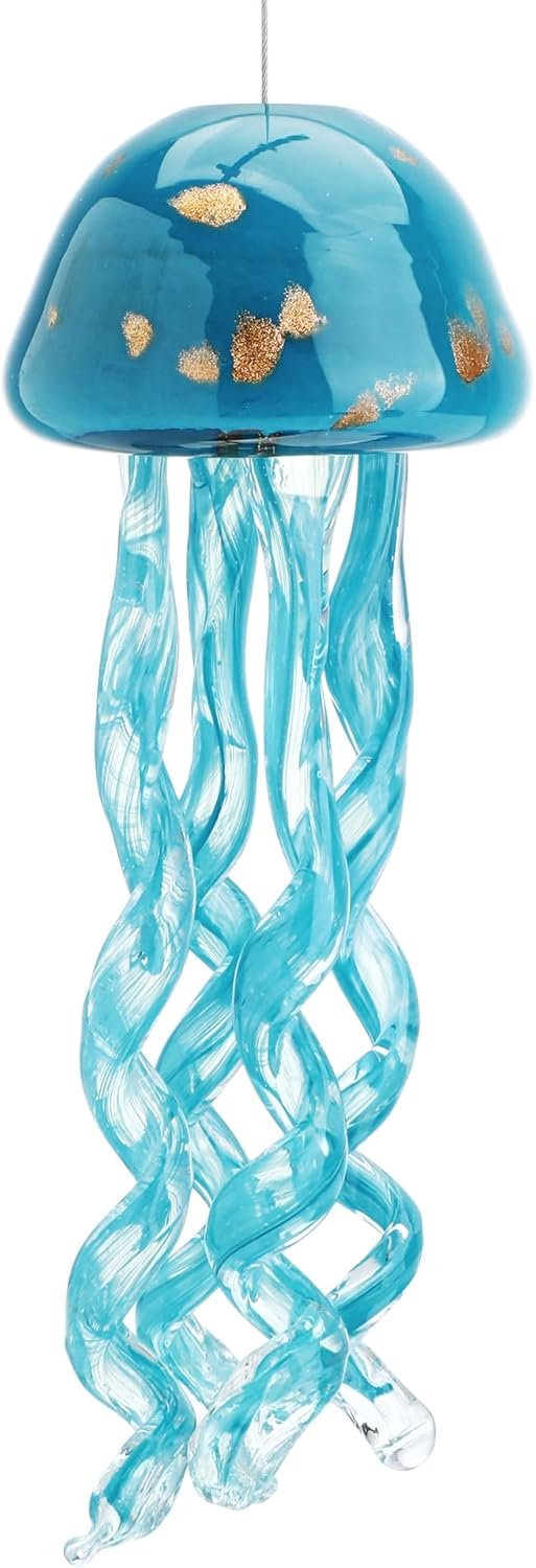 Handmade blown art glass jellyfish wind chimes, glass jellyfish hanging sun catcher wind chimes, outdoor wind chimes, sea glass blown wind chimes, beach parties, wedding decorations (light blue)
