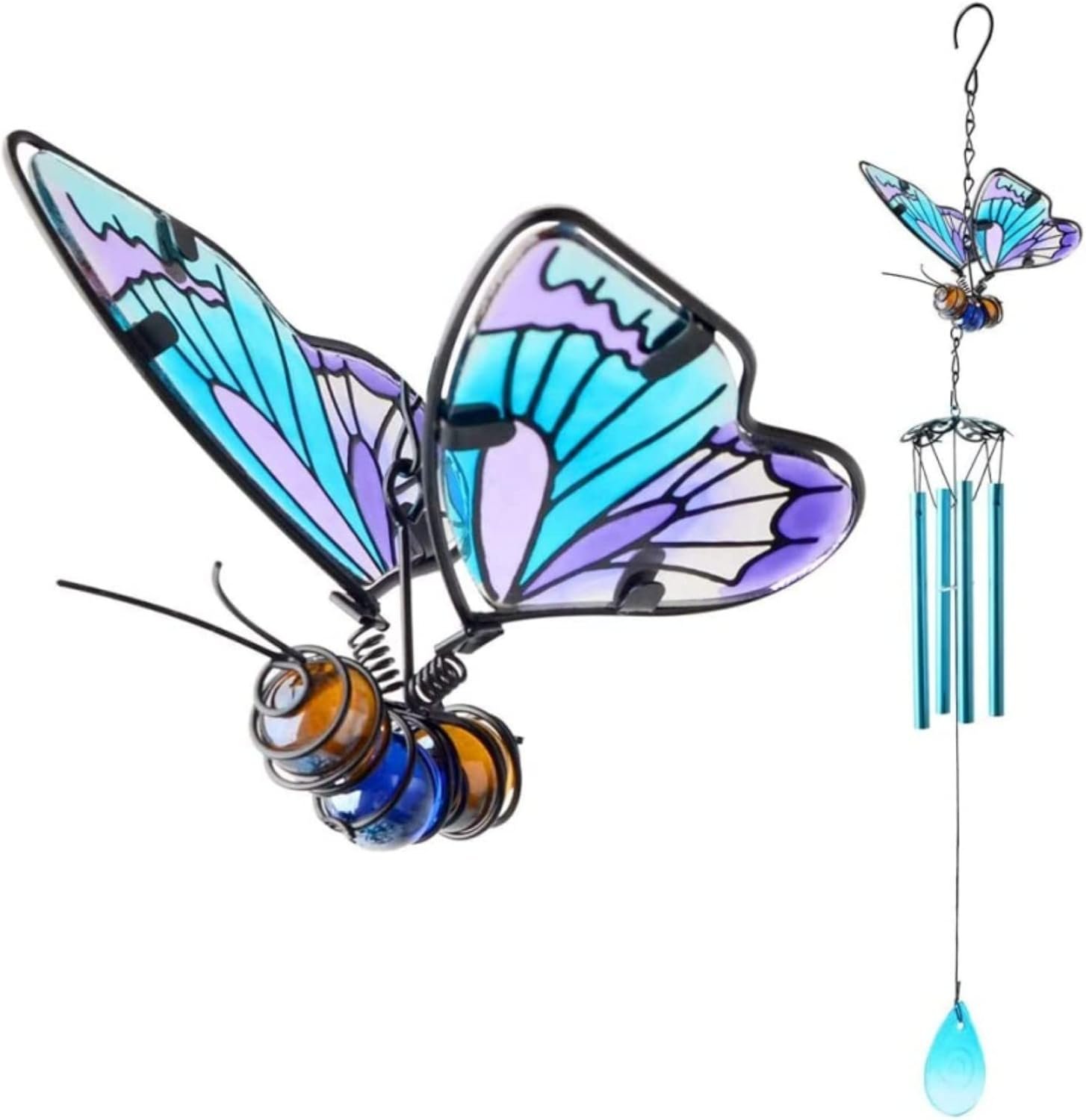 Butterfly Wind Chime, 27 5 inch High Strength Iron Stained Glass Butterfly Wind Chime, a gift for Mom, indoor/outdoor wind chime, suitable for home, garden, window, patio, terrace, and lawn decoration (blue)