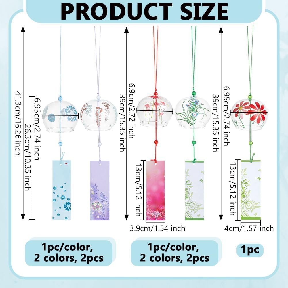 5 Piece Set of 5 Japanese Wind Chimes, Floral Theme Handmade Glass Wind Chimes, Creative Hanging Glass Wind Chimes, Suitable for Home, Garden, Wedding, Indoor and Outdoor Decorations Image 2