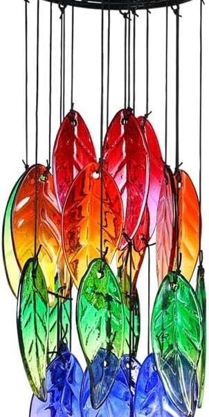 Stained Glass Leaf Wind Chimes   Hand painted glass leaf sun catchers, suitable for windows, outdoor garden decorations, colored leaf hangings, suitable for patios, unique keepsake gifts for women and mothers