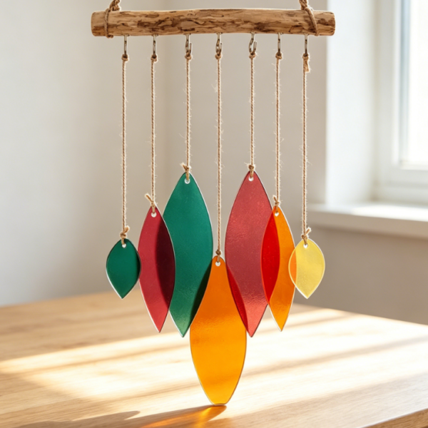 Sea glass wind chime art decorations   stained glass sun catcher window decorations, driftwood handmade design beach wind chimes   patio garden patio decorations home decorations (colored)