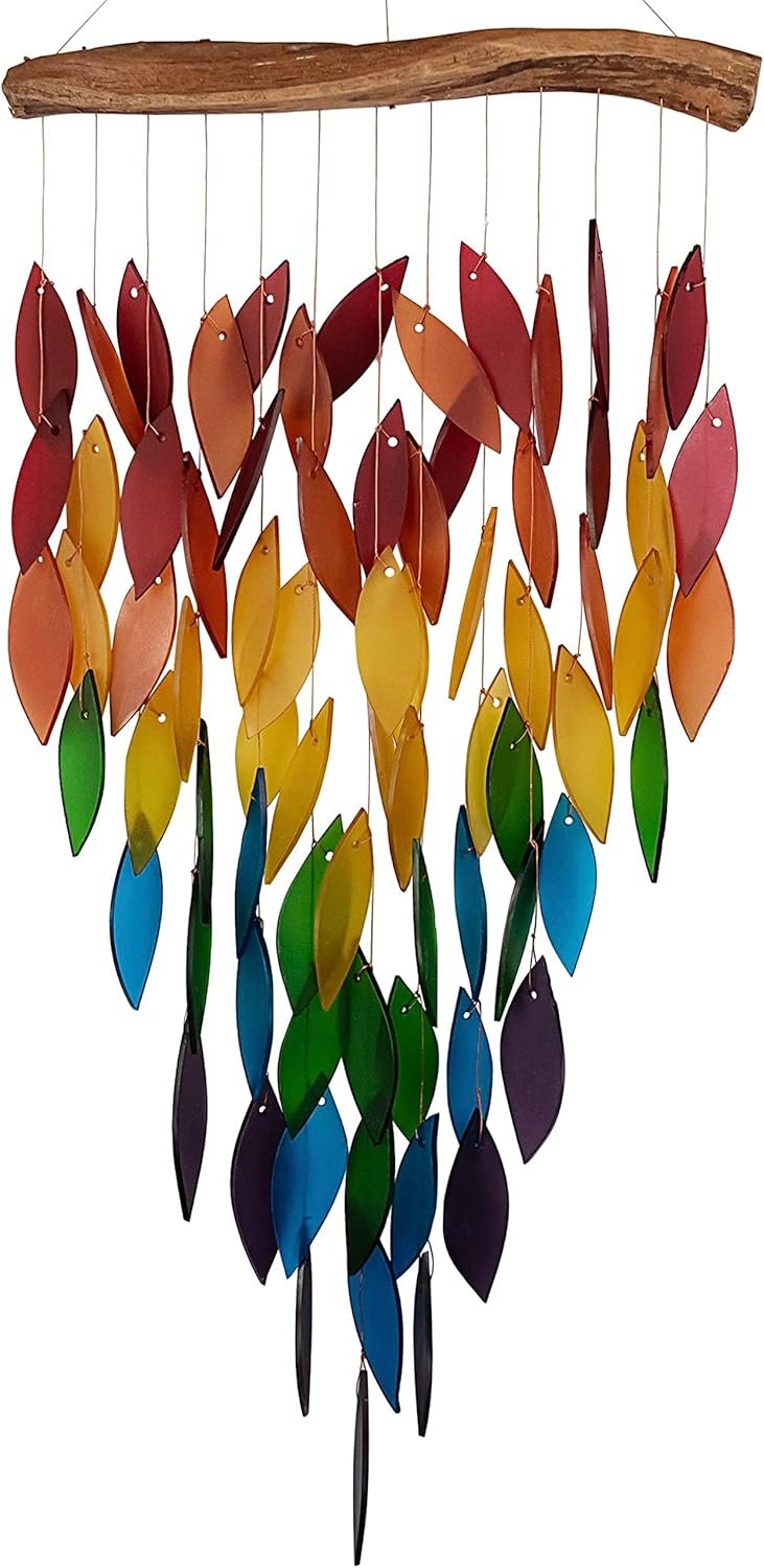Luxury rainbow waterfall and driftwood wind chimes, handmade wind chimes of sandblasted glass and natural wood