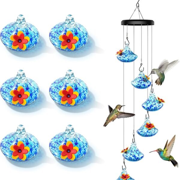 Wind chime glass hummingbird feeder, bullet camera 20 oz outdoor hanging feeder with 6 feeding holes to attract more hummingbirds, leak proof design, unique garden backyard decoration blue