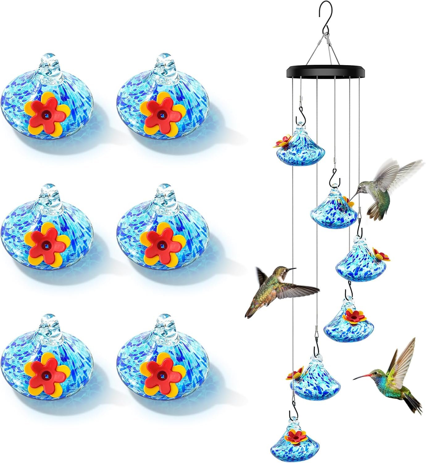 Wind chime glass hummingbird feeder, bullet camera 20 oz outdoor hanging feeder with 6 feeding holes to attract more hummingbirds, leak proof design, unique garden backyard decoration blue