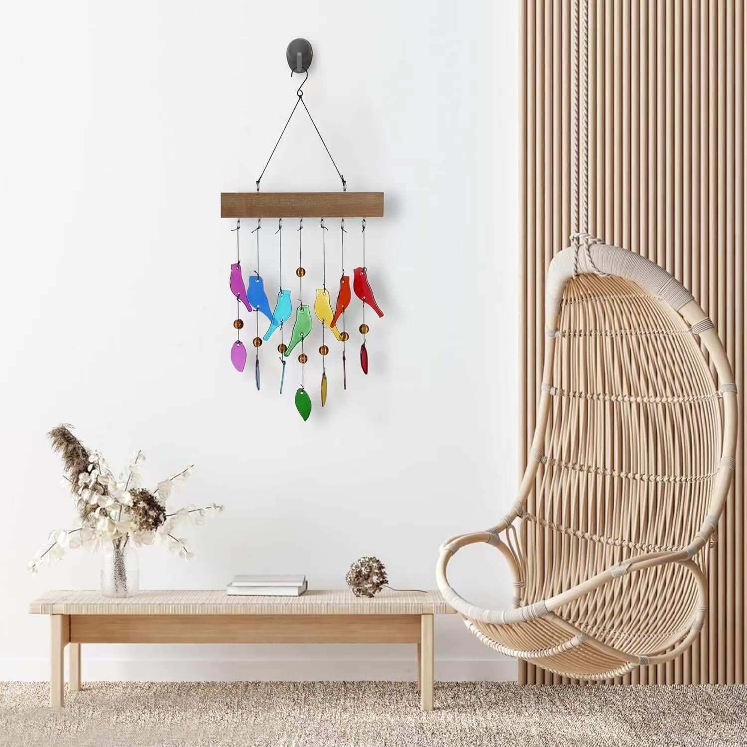 Handmade Crystal Glass and Driftwood Wind Chimes Sandblasted Glass and Wood Handmade Wind Chimes Bird Wind Chimes Home, Patio, Terrace, and Garden Decoration A Gift for Mothers A Gift for Bird Lovers Image 2