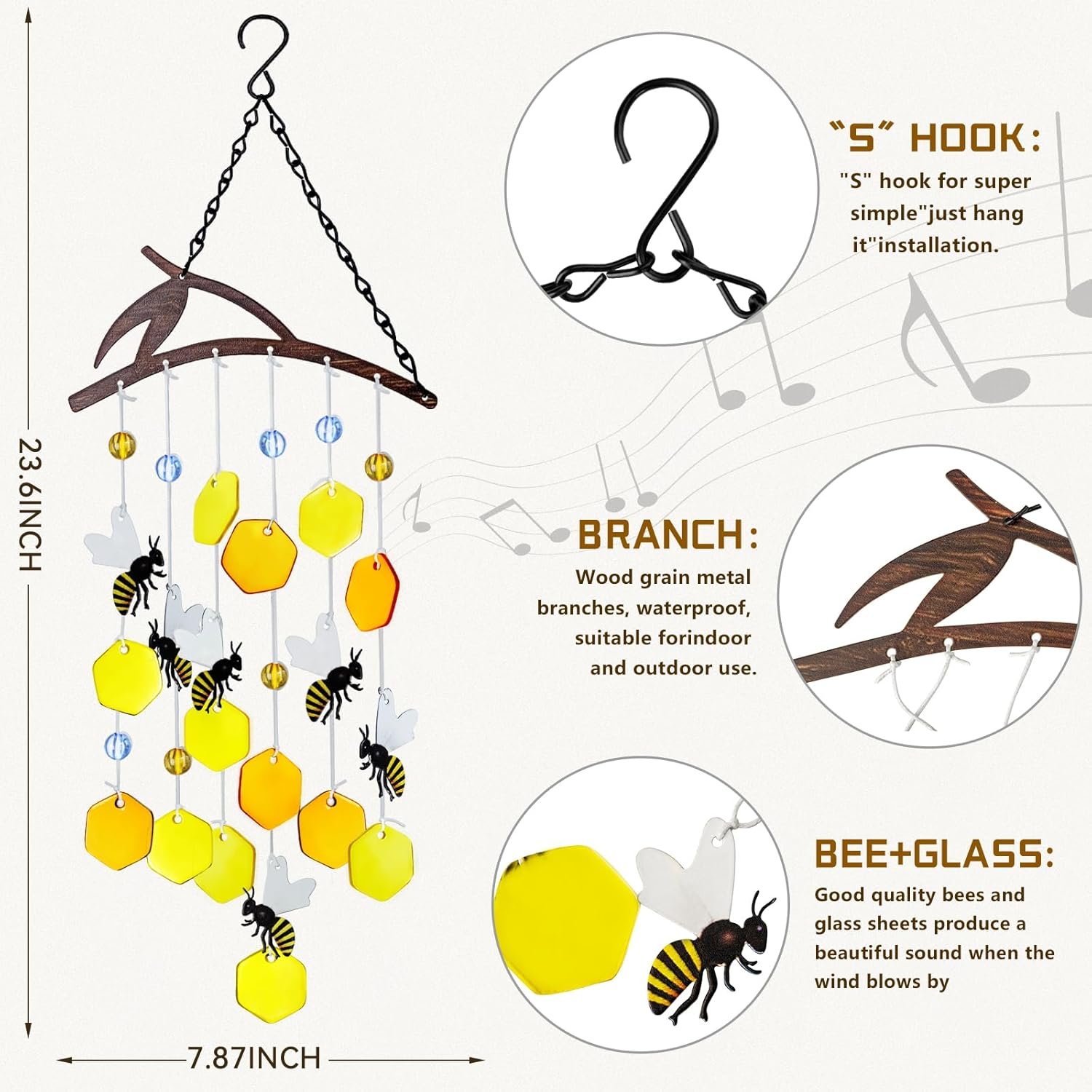 23 18 inch Bee Wind Chime, Outdoor Decoration, Unique Stained Glass Wind Chime, Garden Decoration, Outdoor Wind Chime Sunshine Catcher, Gift for Women, Mothers, Grandmothers, Suitable for Both Men and Women Image 2