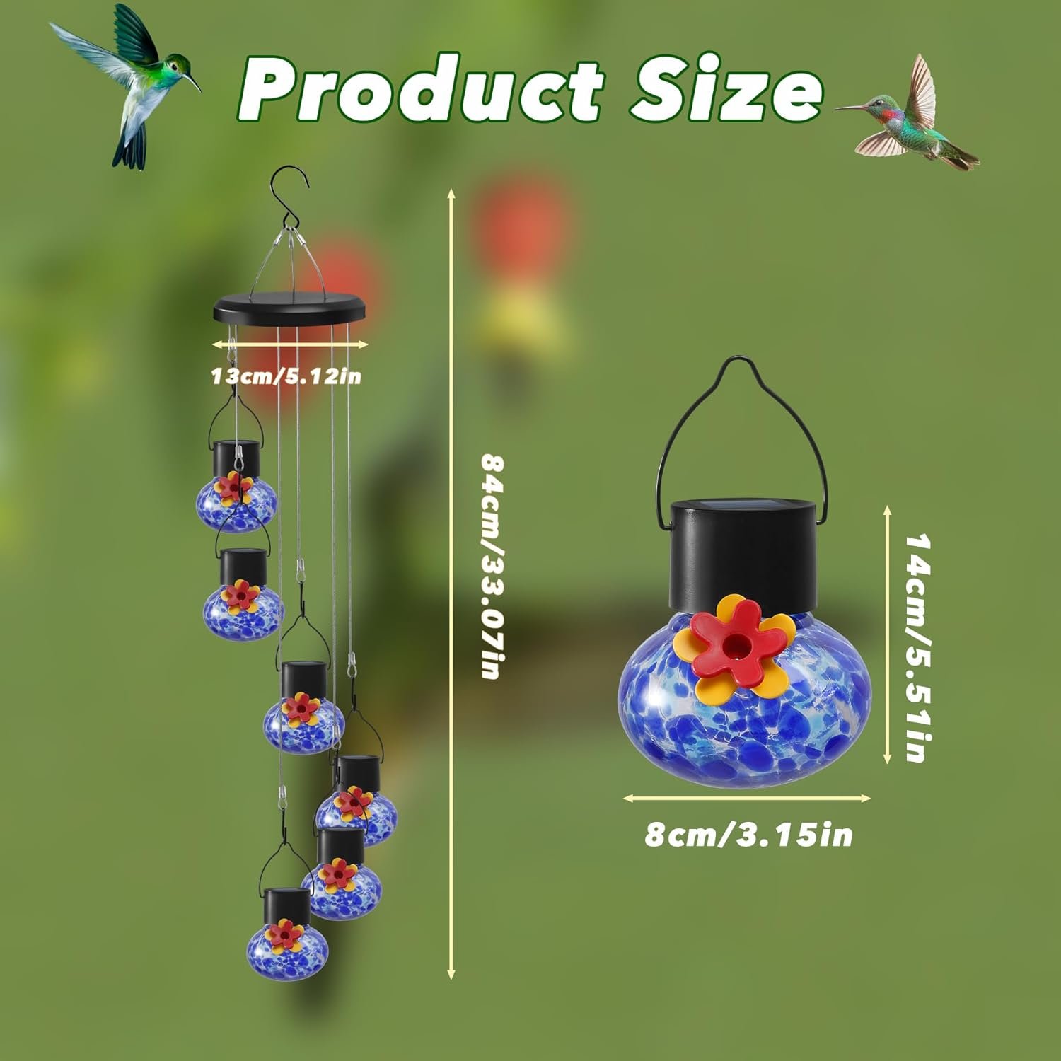 Solar hummingbird feeder with wind chimes, elegant 6 Leak proof Glass Ports, Frosted Design, and Ocean Night Light – The Perfect Outdoor Gift for Nature Lovers Image 2