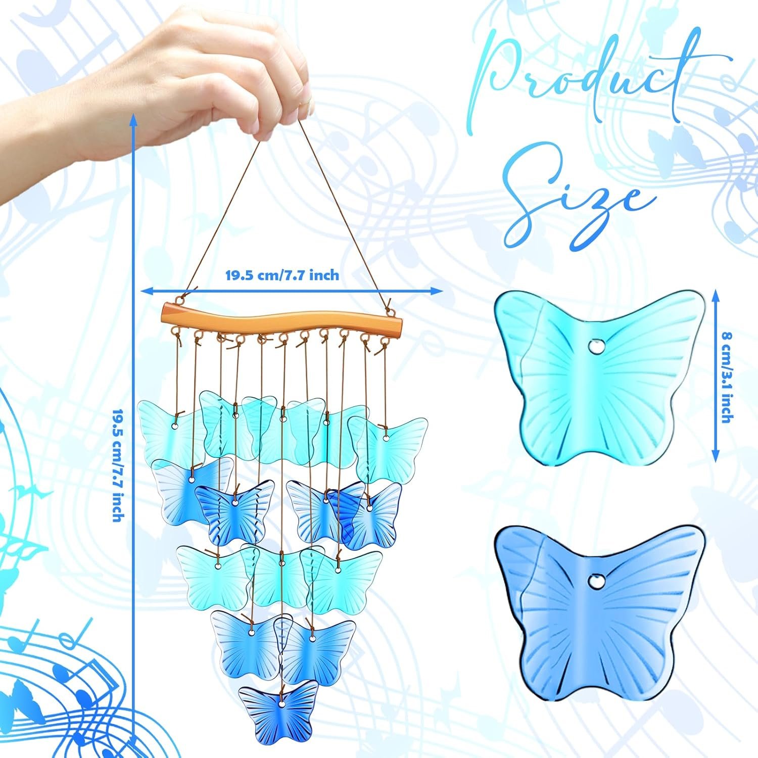 24 inch Blue Glass Butterfly Wind Chime, Butterfly Glass Sunshine Catcher, Blue Wind Chime Gift, Hanging Window Sunshine Catcher, suitable for spring and summer holiday indoor and outdoor decoration Image 2
