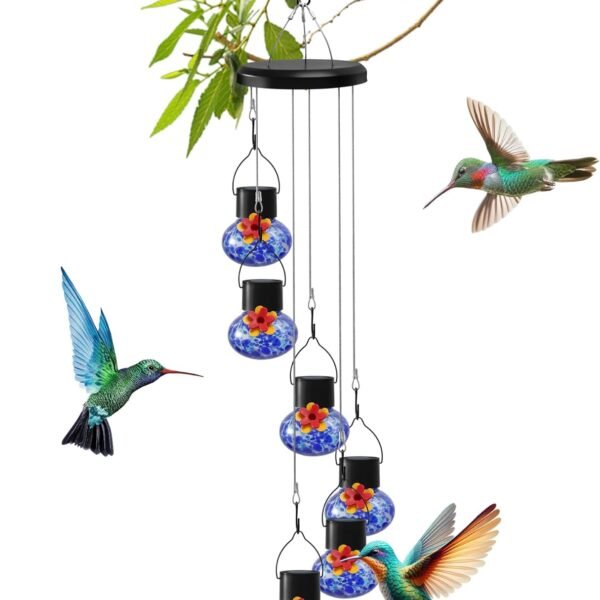 Solar hummingbird feeder with wind chimes, elegant   6 Leak proof Glass Ports, Frosted Design, and Ocean Night Light – The Perfect Outdoor Gift for Nature Lovers